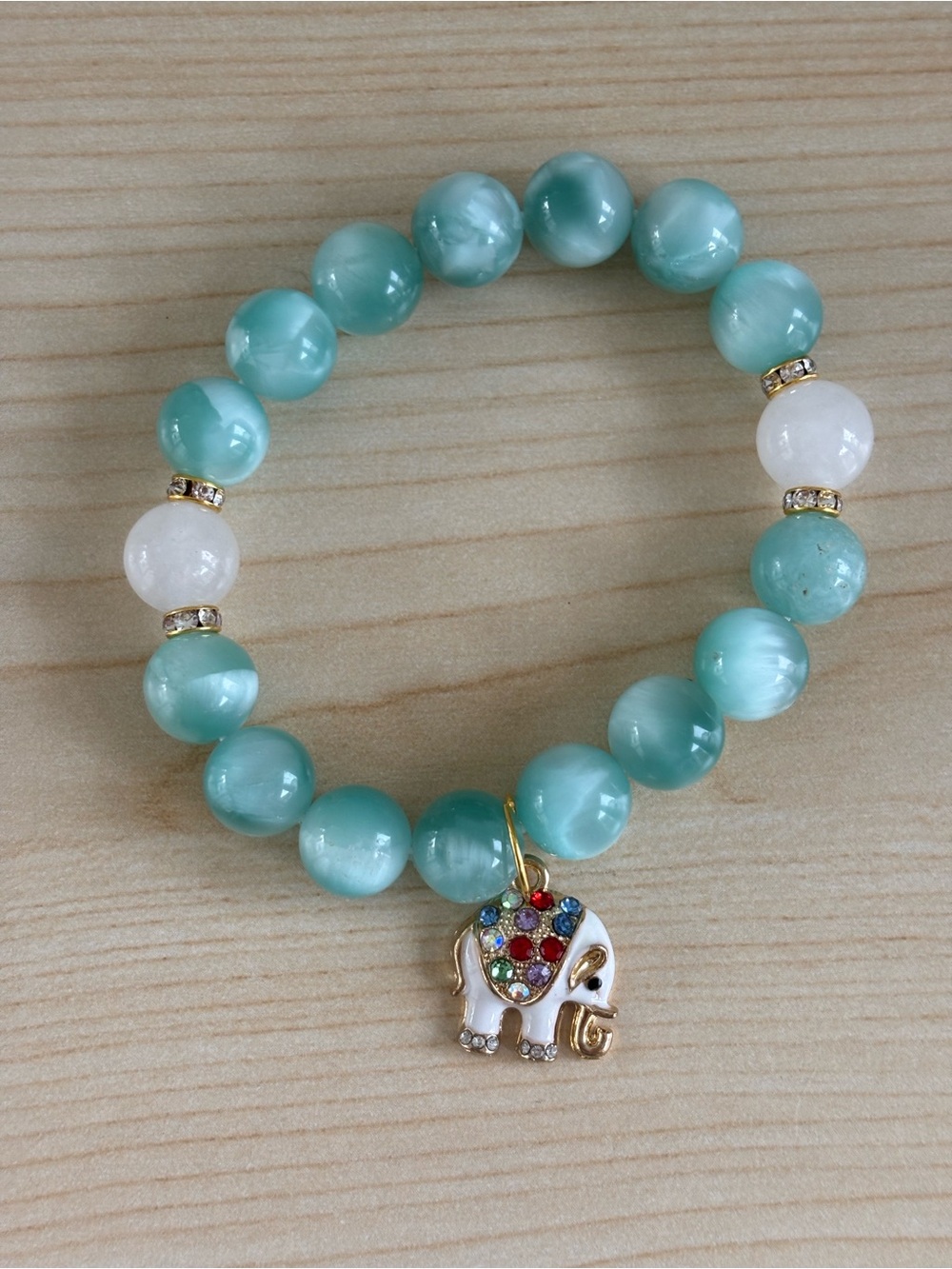 Green Angelite & White Jade Crystal Elephant Beaded Bracelet